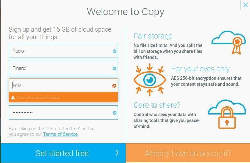 Copy lo storage in cloud di Barracuda - registrazione